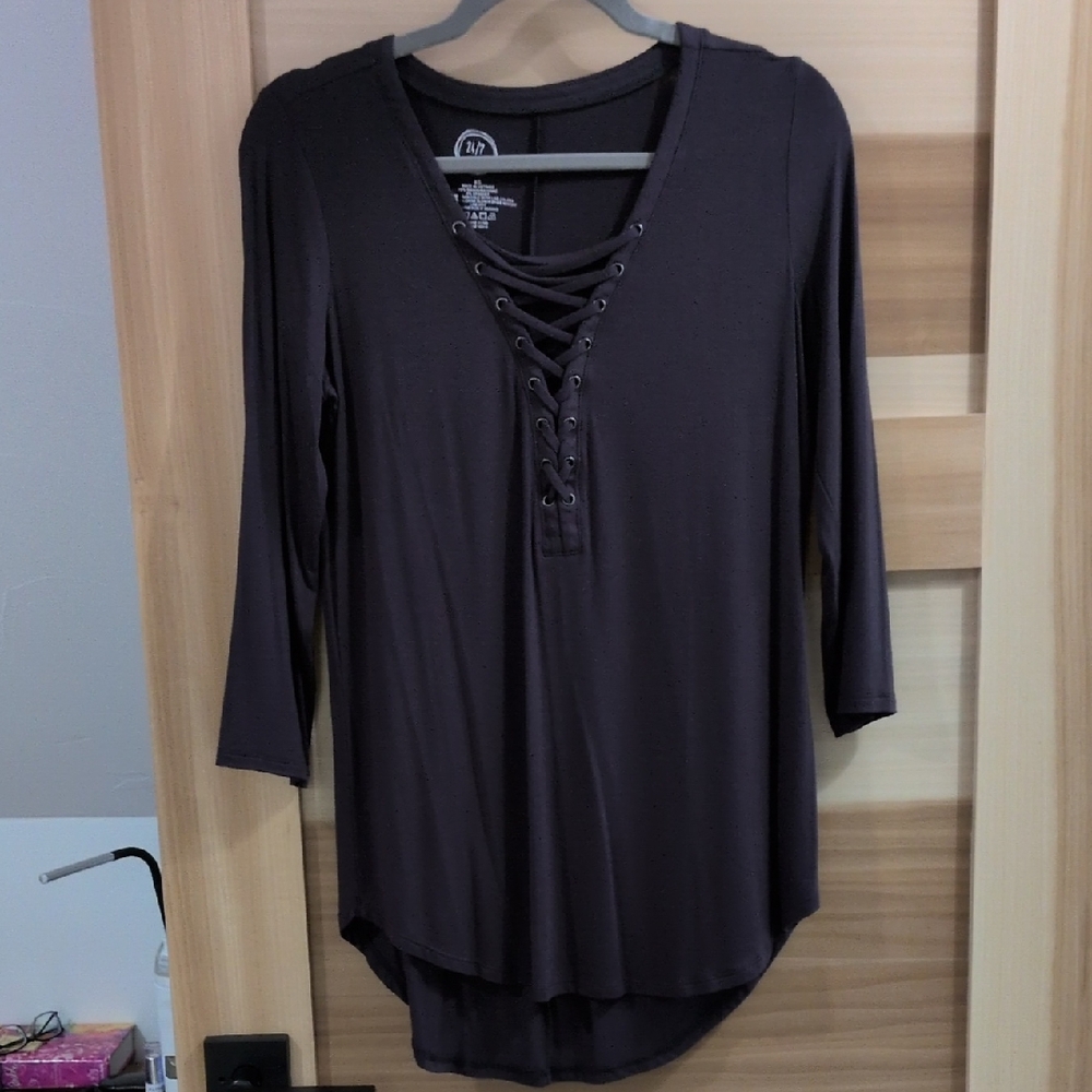 Maurices Lace-Up V-Neck Blouse - Deep Brown